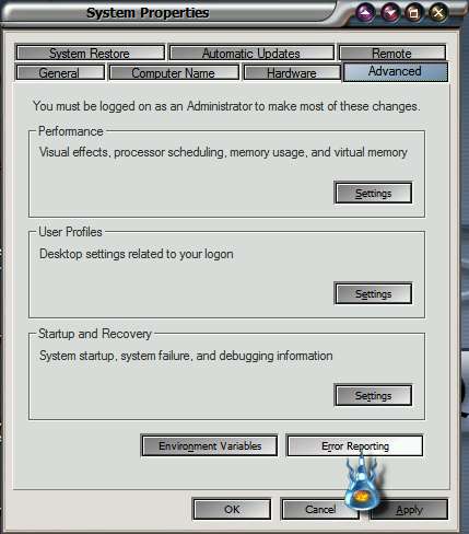 The system properties dialog box, advanced tab.